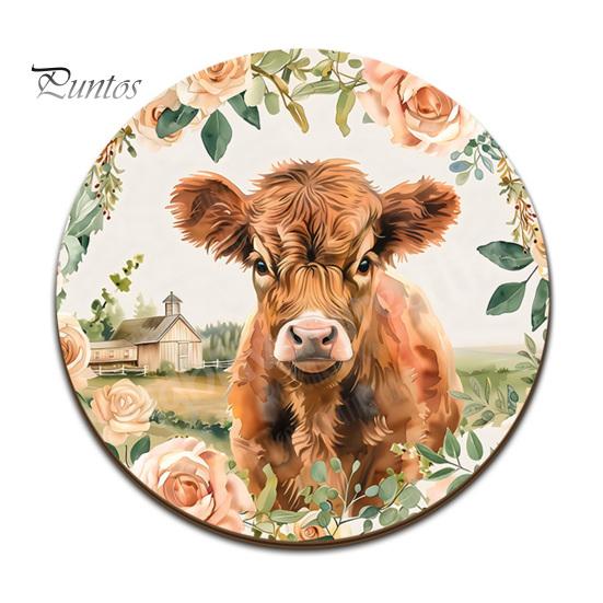 Healing Highland Calf Pattern Gifts Cow Cork Coasters, Cute Floral Farmhouse Drink Mats with Protective Furniture for Office Non-Slip Base,
