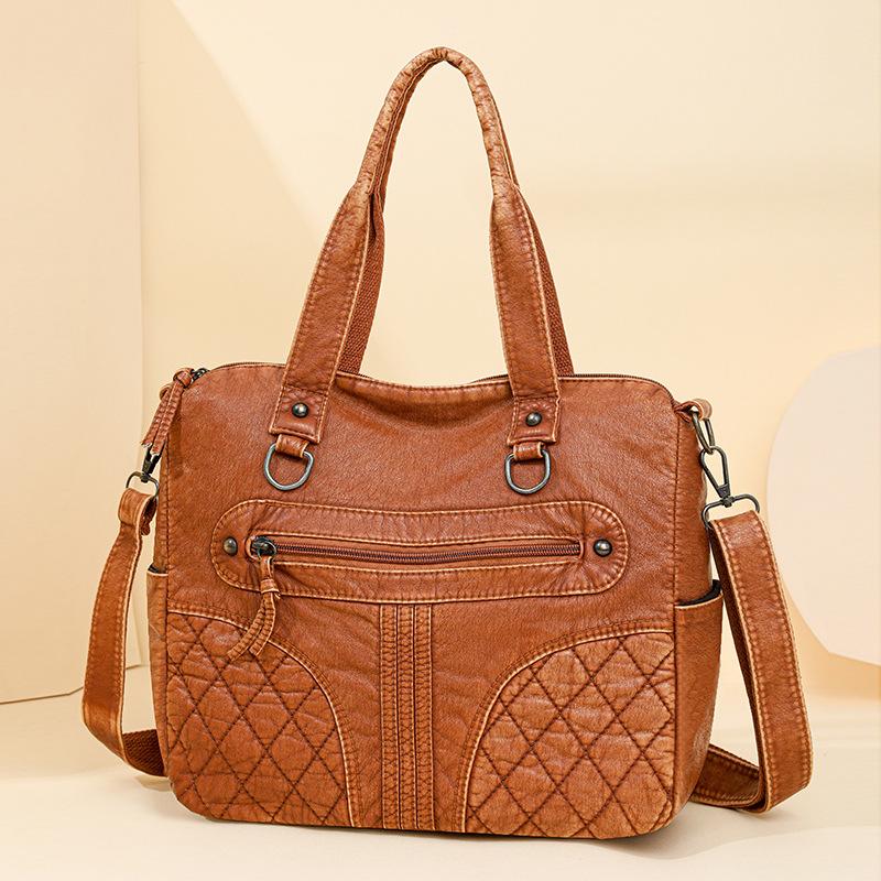 Håndveske med stor kapasitet Mykt skinn Multifunksjonell totebag Vintage dame skulderveske