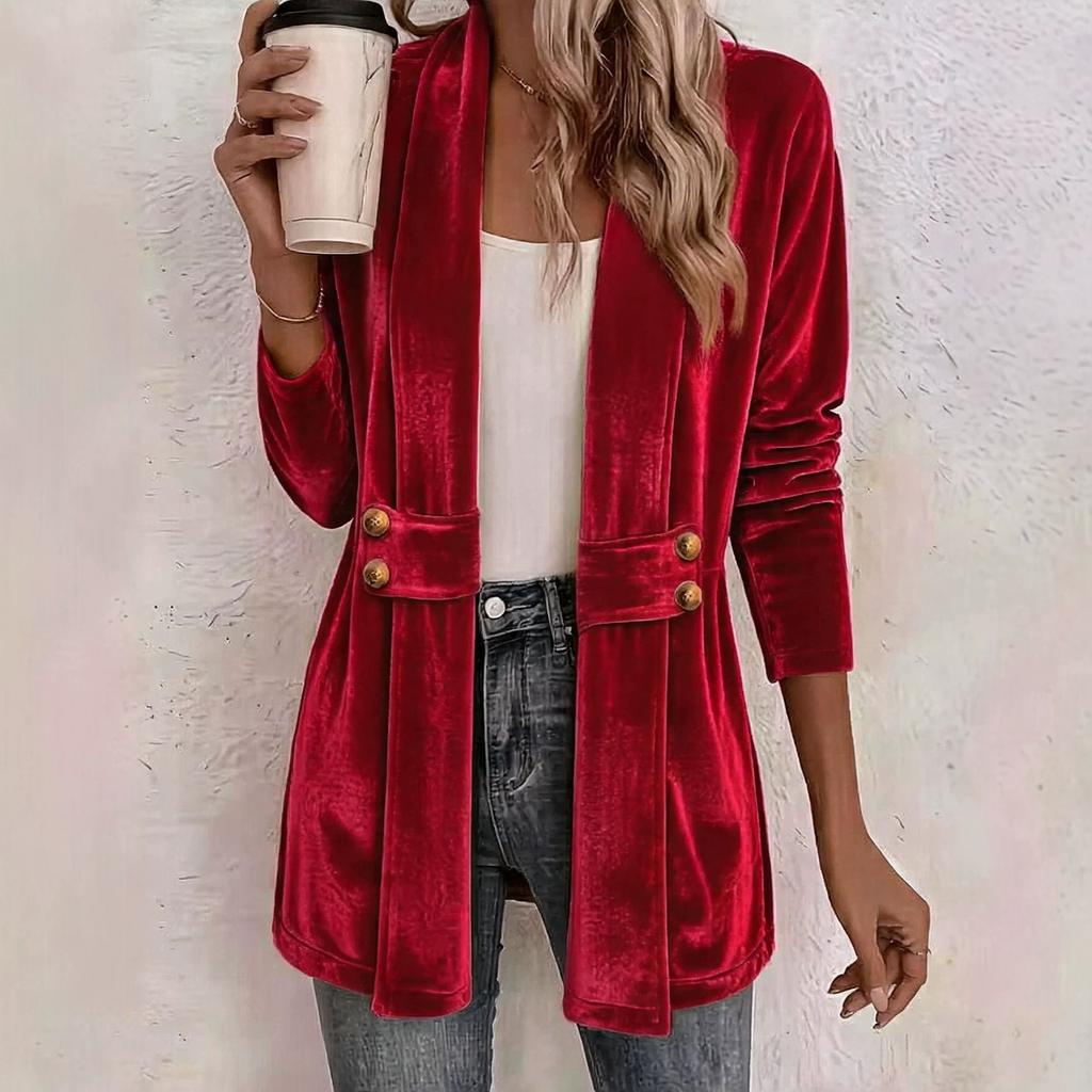 Women Velvet Long Sleeve Cardigan Double Breasted Gold Button Casual Longline Outerwear