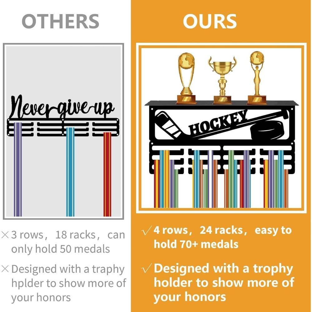 Heavy Duty Hockey Medal Rack with 12 Hooks Wall Mounted Trophy Shelf Display for 60+ Awards Black Sports Medals Holder 15.7x8x4 Inch