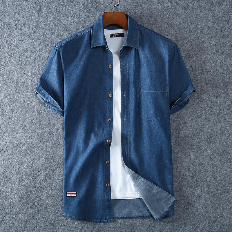 Men s Blue Denim Shirts Short Sleeve Jean Shirts Summer Men Cotton Light Blue Denim Shirts Plus Size L-8XL L темно-синий