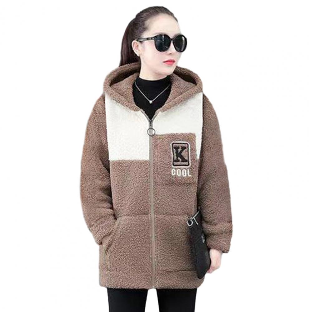 Damenjacke Colorblock-Fleece-Kapuzenmantel mit Reißverschlusstaschen für Damen Warme Winter-Strickjacke Mittellange, lockere