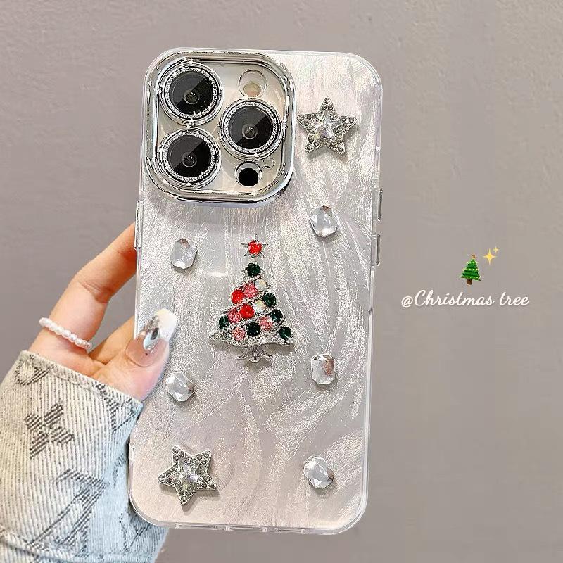 

Flash Diamond Three-dimensional Christmas Tree Mobile Phone Case for Apple 17promax Feather Yarn Ins All-inclusive 16pro High-end Sense 14 For iPhone 17Promax