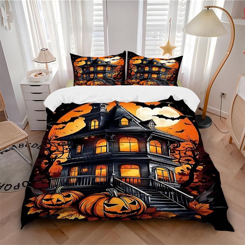 

3pcs Halloween Haunted House with Pumpkins and Full Moon Comforter Set, One Quilt Cover and Two Pillowcases (No Core), Anime Cartoon Design 135x200cm