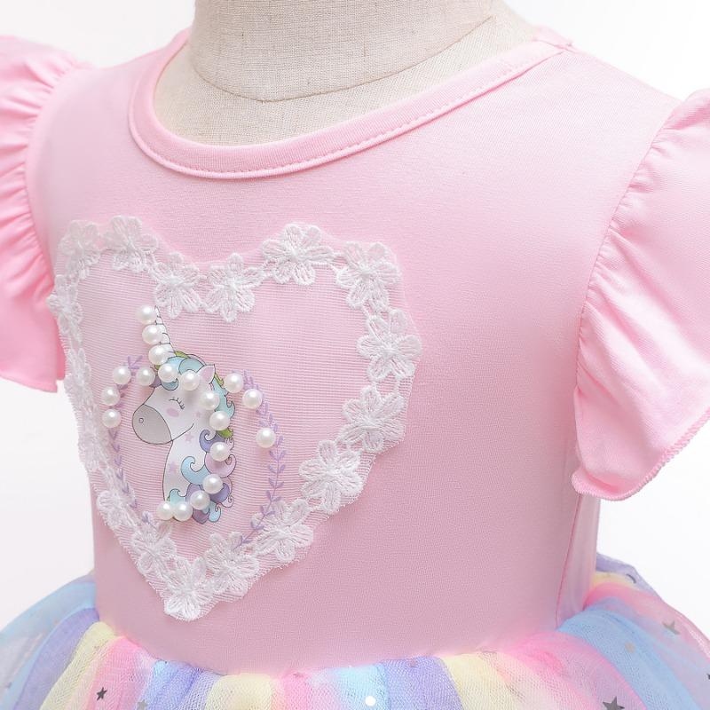 Girls Kids Summer Thin Knitted Tulle Rainbow Unicorn Princess Dress