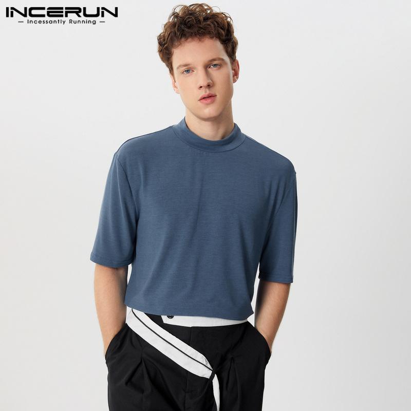 

INCERUN Мужские футболки оверсайз с высоким воротом, с коротким рукавом, повседневные, свободные, майки S темно-синий