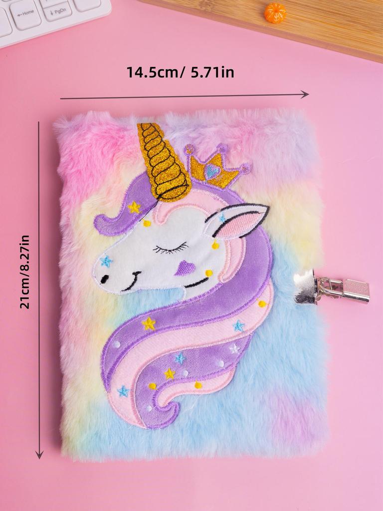 Cartoon Unicorn Tie-Dye Plush Lockable Diary for Girls