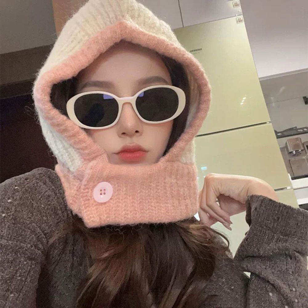New Women Knitted Hat Balaclava Women‘s Winter Hood Warm Anti-Pilling Neck Collar Beanies CapLadies Windproof Earflaps Scarf Hat
