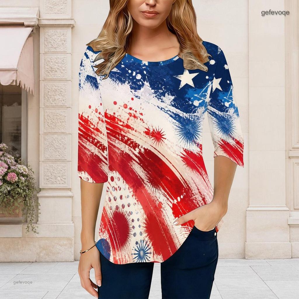 Damski T-shirt w dużym rozmiarze, z okrągłym dekoltem, rękawem 3/4, nadrukiem gwieździstego nieba, w kolorze granatowym, z zaokrąglonym dołem