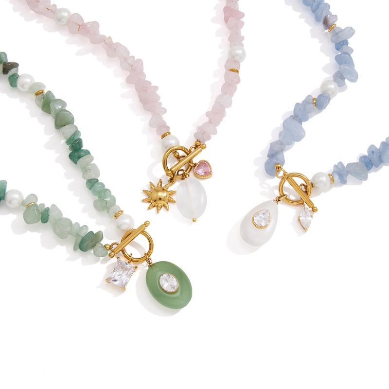 Trendy Natural Stone Colored Pendant Necklace For Women Gold Plated Stainless Steel Charms Necklace Jewelry