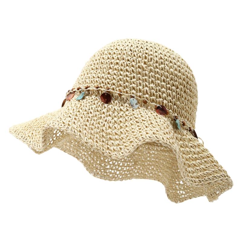 Elegant Hand Crocheted Paper Straw Sun Hat Women Breathable Wide Border Beach Hat Summer Outdoor Travel Accessory