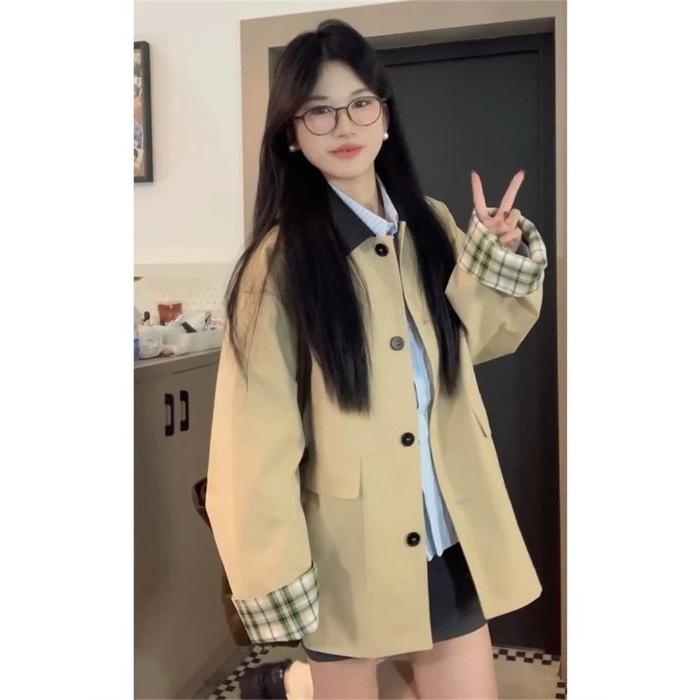 Женская ветровка средней длины для миниатюрных женщин, землисто-желтая, Весна/Осень 2025, корейский стиль с японскими/британскими влияниями 2XL земля желтый