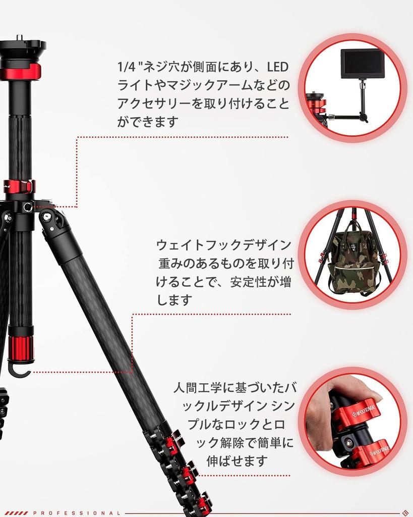 IFOOTAGE TC5S Kohlefaser Kamera 150cm Professionelles Videokamera-Stativ mit 4 Mittelstücken Kompatibel mit und Sony Digitale Spiegelreflexkamera Maximalgewicht 6kg Stativ,