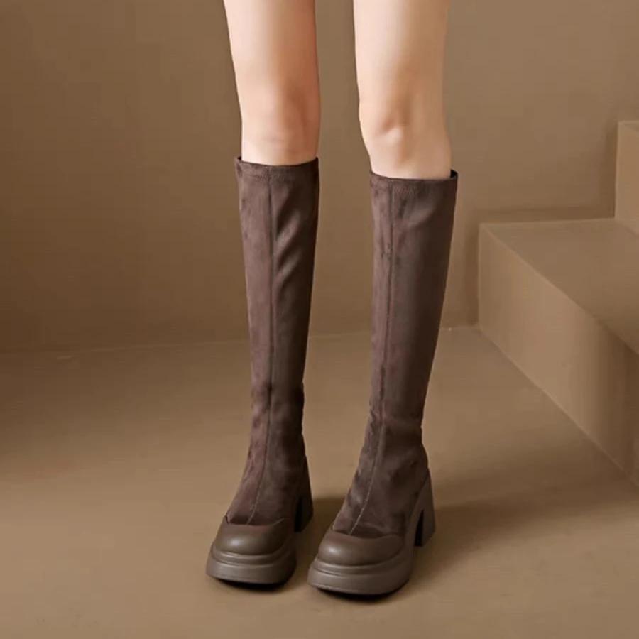 Fashion Fur High Heels Women's Long Boots Platform Elegant Heeled Ladies Knee Shaft Shoes Round Toe on Promotion Sale Spring Autumn Hot