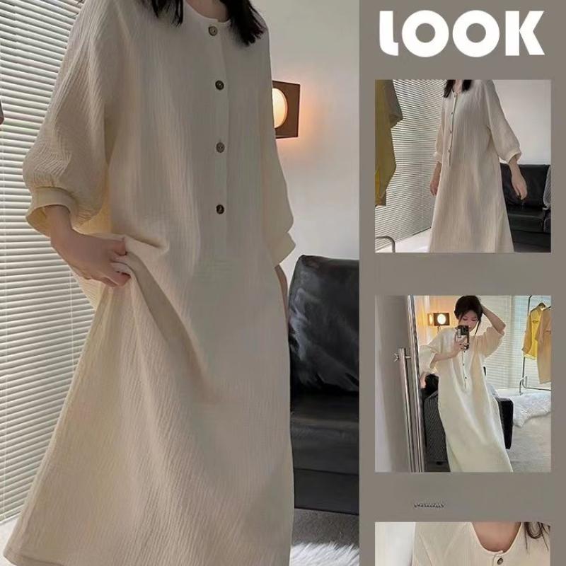 French High-End Cotton Long Sleeve Pajamas Women's Spring Autumn Plus Size Nightgown Loungewear Dress
