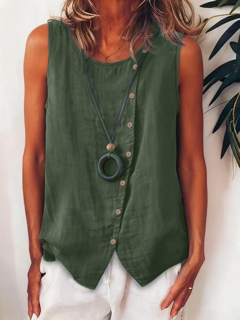 Damen Boho Locker Übergröße Diagonal Knopf Ärmellos Hemd Tanktop