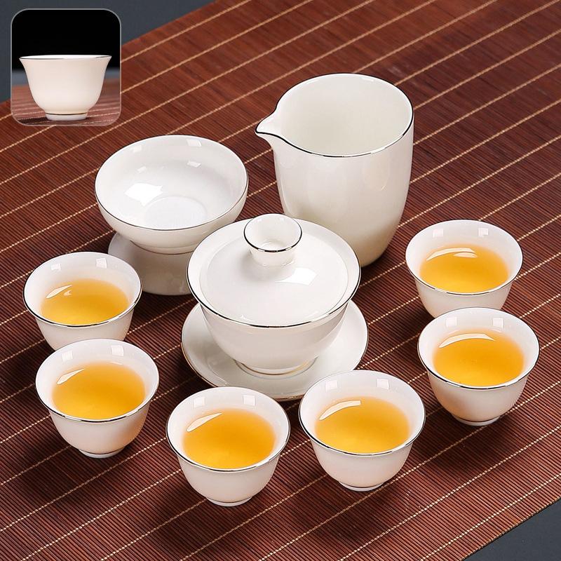 Suet Jade Kung Fu Tea Set Home Living Room Office Light Luxury Tea High-end Gift Box Cover Bowl Teacup Complete Set