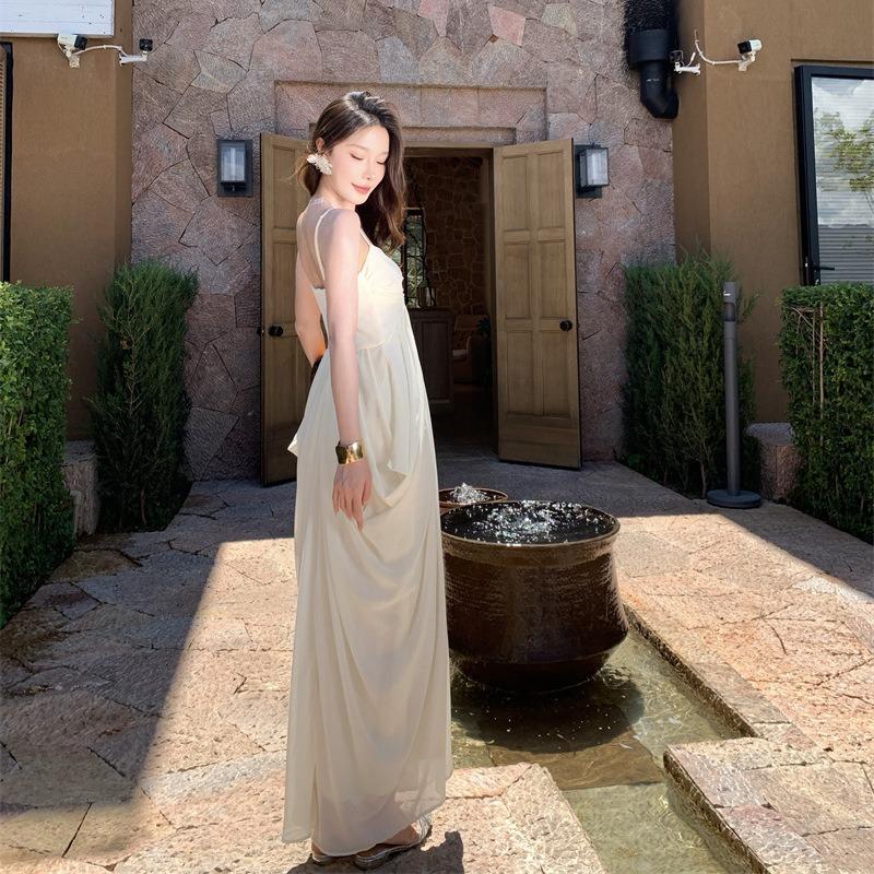 French White Moonlight Pleated Thin Suspender Dress Summer Island Vacation Wear Halter Dress