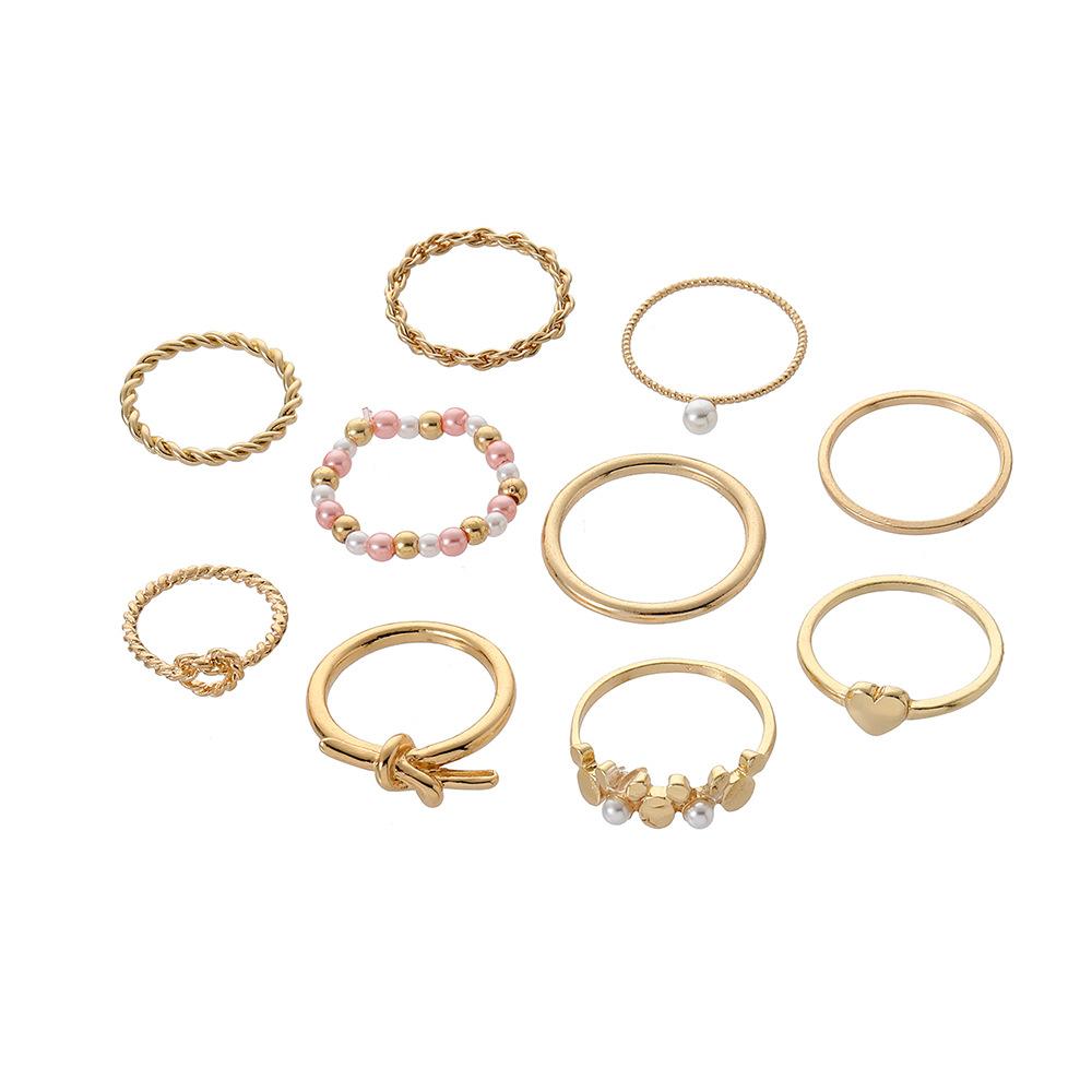 Gold-plated knotted ring imitation pearl 10-piece set, ring jewelry metal ring joint ring versatile love ring women