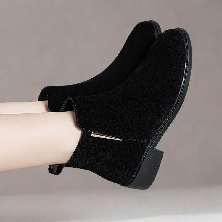 Herbst und Winter neue Samt mittelhohe Absatz Martin Stiefel dicker Absatz mattes Leder dünne Damen kurze Baumwollstiefel