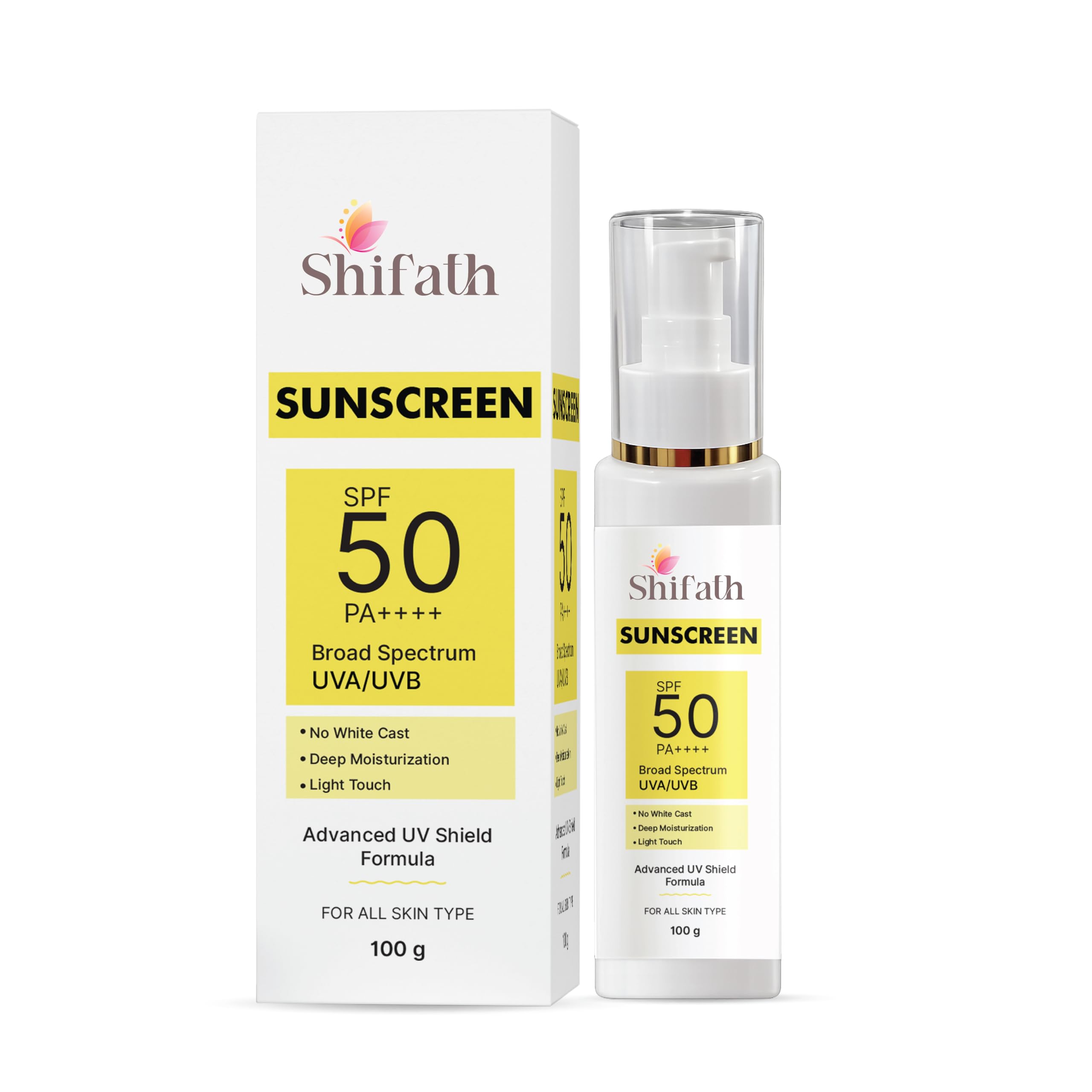 

Shifath Sunscreen SPF 50 PA++++, Broad Spectrum UVA/UVB, No White Cast, Matte Finish, All Skin Types, 50g (100GM)