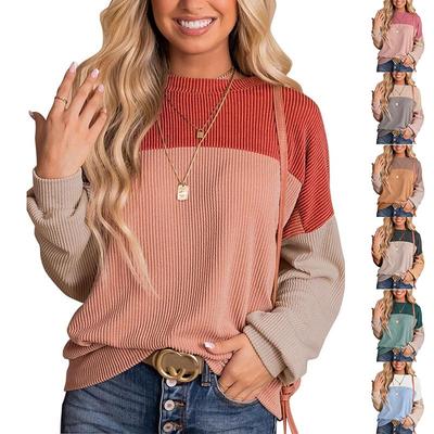 Women's Round Neck Long Sleeve Casual Style Loose Flesh Covering Sweatshirt Color Matching Long Sleeve Top