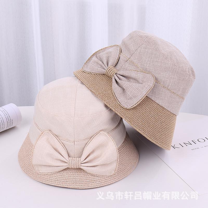 New Cotton and Linen Basin Hat Women's Casual Versatile Sunshade Bucket Hat Elegant Bow Wide Brim Sunscreen Bucket Hat