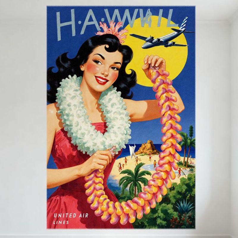 

Vintage United Air Lines Hawaii Travel Poster Metal Tin Sign - Glamorous Woman Lei Beach Palm Trees Art Decor for Home Bar Cafe 20x30cm（7.8x11.8inch）