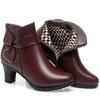 Women High Heels Soft Leather Ankle Boots Autumn Winter Plush Snow Boots Brand Fashion Point Toe Middle Heel Mom Cotton Shoes