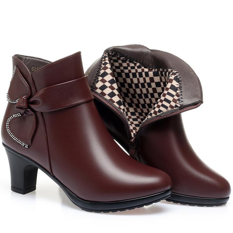 Women High Heels Soft Leather Ankle Boots Autumn Winter Plush Snow Boots Brand Fashion Point Toe Middle Heel Mom Cotton Shoes