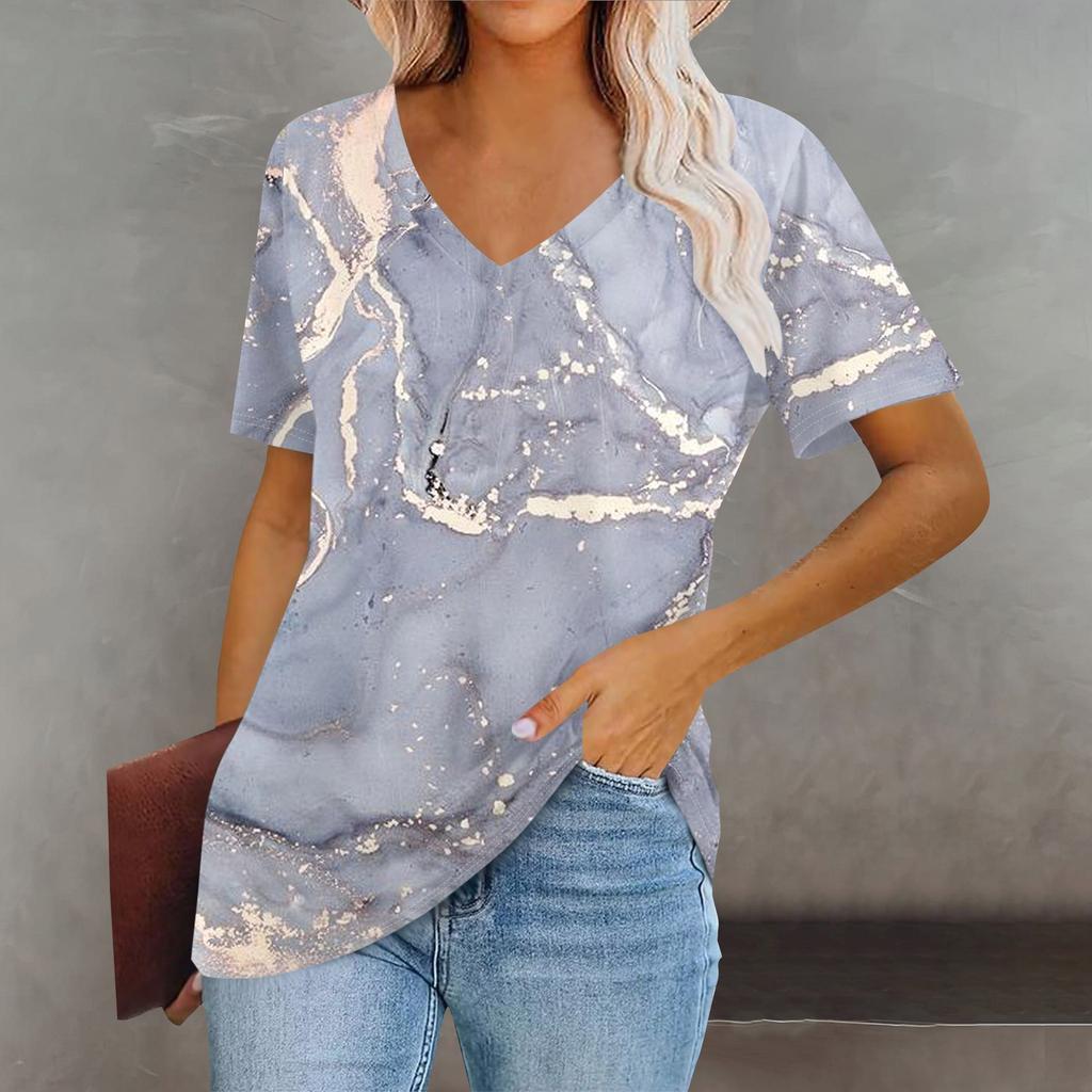 Women's Fashion V-Neck Classic Loose Big Barite 3D Print Casual Short Sleeve T-Shirt