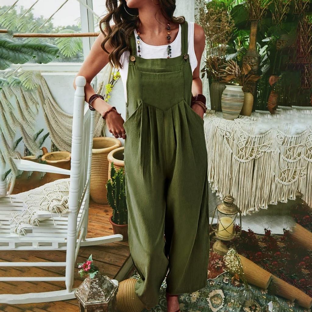 Women's Summer Casual Color Sleeveless Sling Pocket Wide Leg Side Button Jumpsuit