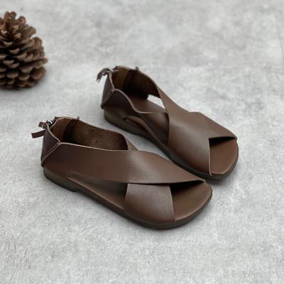 Sandały na płaskim obcasie Peep Toe Retro ręcznie robione prawdziwej skóry miękka podeszwa wygodne oddychające buty damskie