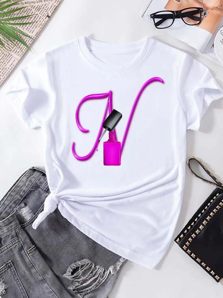Maycaur Custom Name Letter Combination Fashion Women T-shirt Nail Polish Letter Font A B C D E F G Short Sleeve Tops Female Tees