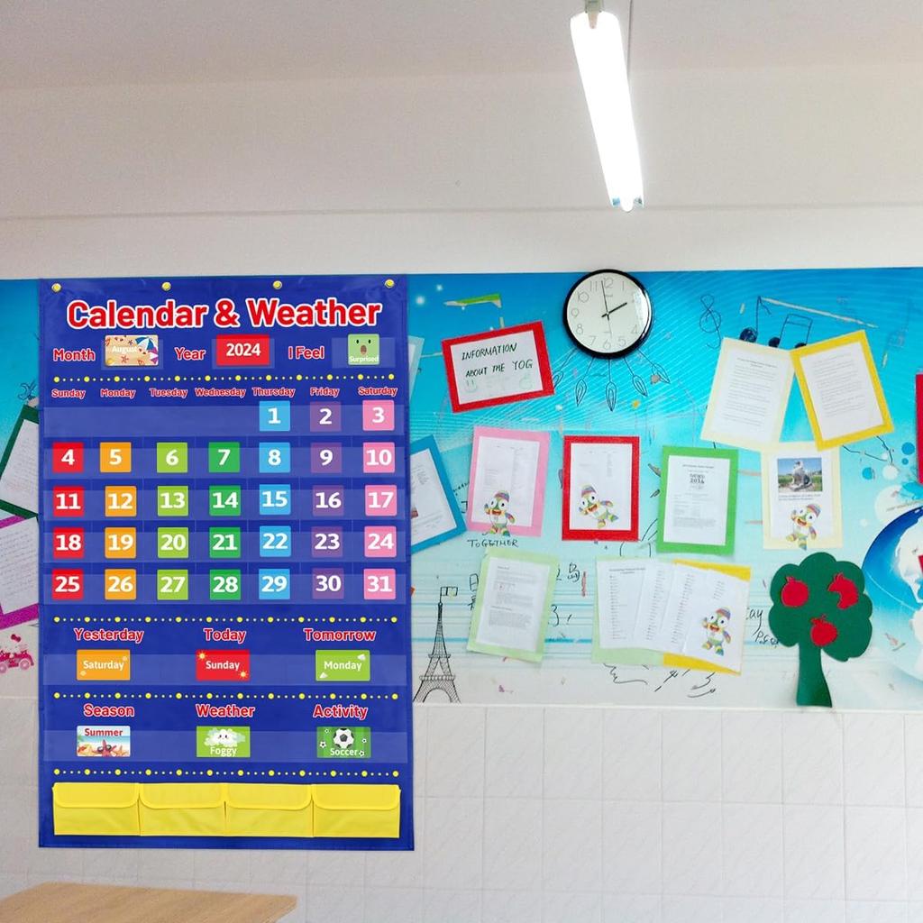 Calendar and Weather Pocket Chart for Kids with 136 Cards Classroom Calendar Pocket Chart School Homeschool Calendar Classroom Supplies Large 44.5" x