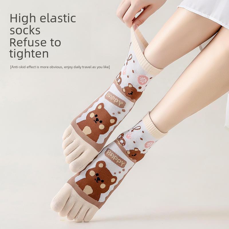 Women's Cute Cartoon Five-Toe Cotton Socks - Breathable, Sweat-Absorbent, Anti-Fungal, Ideal for Spring/Summer, Mid-Tube Length
