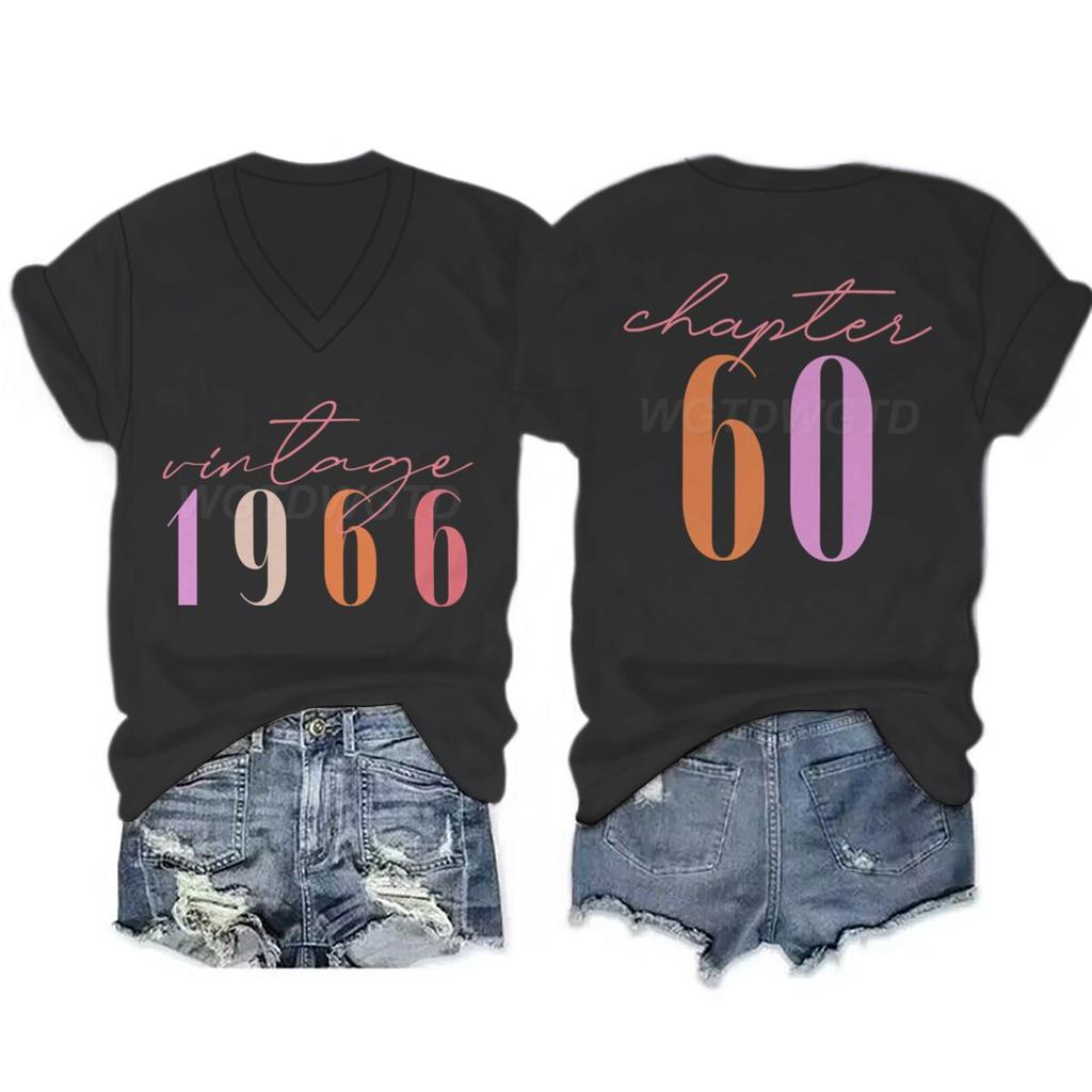 Unisexs Tee Shirt Vintage 1966 Chapter 60 Front And Back Print V Neck Tshirt 60th Birthday Short Sleeve Graphic Tee Unisex
