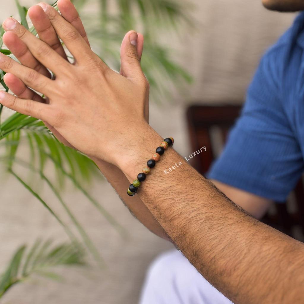 Natural Unakite and onyx beaded bracelet Healing Gemstone Bracelet Stretchable Beaded Stone Bracelet for men Unique friendship bracelet