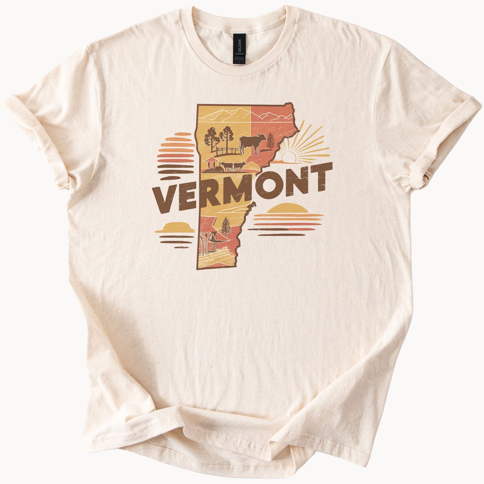 Vermont State Graphic T Shirt Retro Scenic Cow Farm Mountain Sunrise Nature Landscape Tee Outdoorsy Vermont Shirt Gift 160