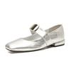 2301 Flat Shoes Women's Thick Heel New Square Head Silver Word with Mary Jane Shoes French Low Heel Light Mouth Single Shoes