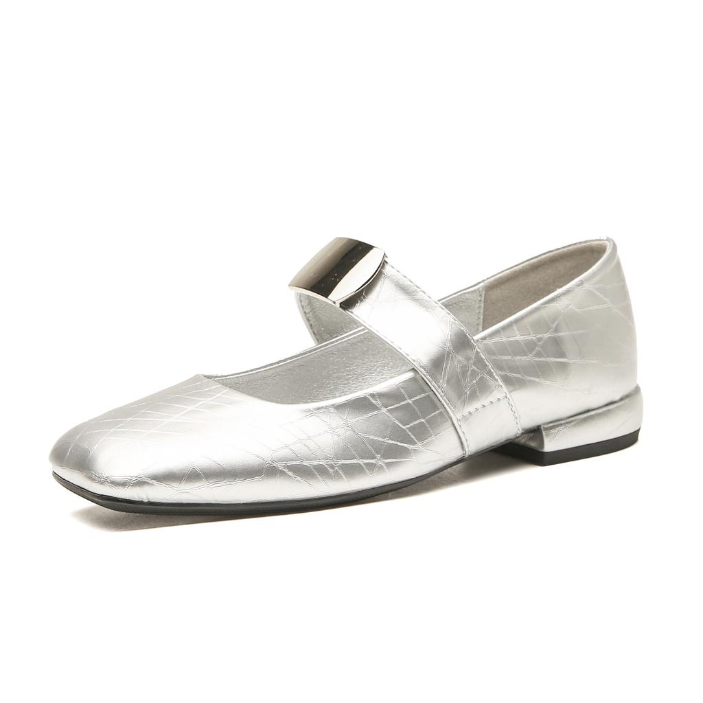 2301 Flat Shoes Women's Thick Heel New Square Head Silver Word with Mary Jane Shoes French Low Heel Light Mouth Single Shoes