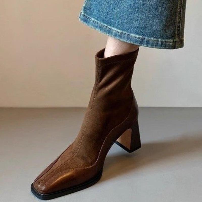 Fashion Square Toe High Heel Booties Women's Vintage Suede Paneled Autumn Winter Block Heel Stretch Skinny Boots