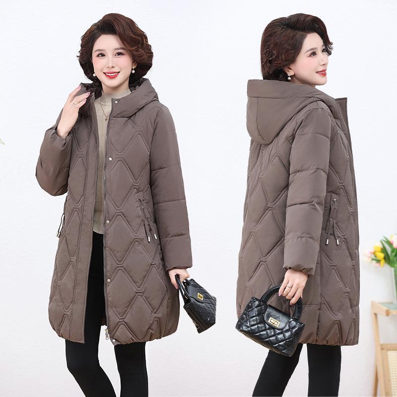 Mittelalte Damen Mütter tragen knielange, baumwollgepolsterte Jacke, dicker, westlicher, lockerer Baumwollmantel in Übergröße, baumwollgepolsterte Jacke Winter