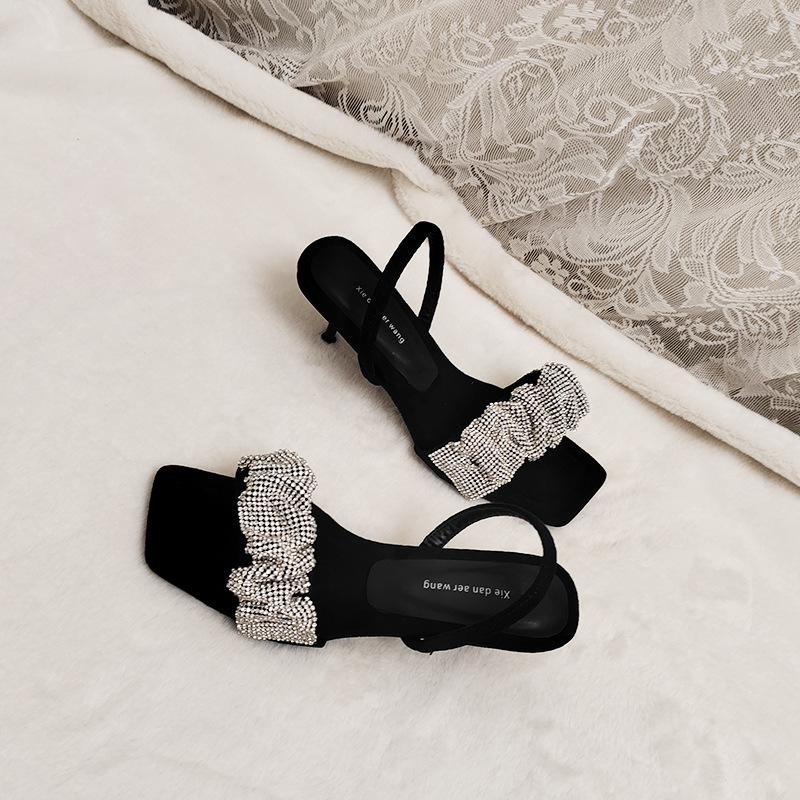 

Leather rhinestone one-word strap sandals female summer new versatile fairy high-heeled sandals stiletto star 40 чёрный
