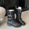 British Style Retro Medium Tube Knight Boots Women's 2025 Autumn and Winter New Soft Leather Thick Heel Belt Buckle Platform Fashion Boots