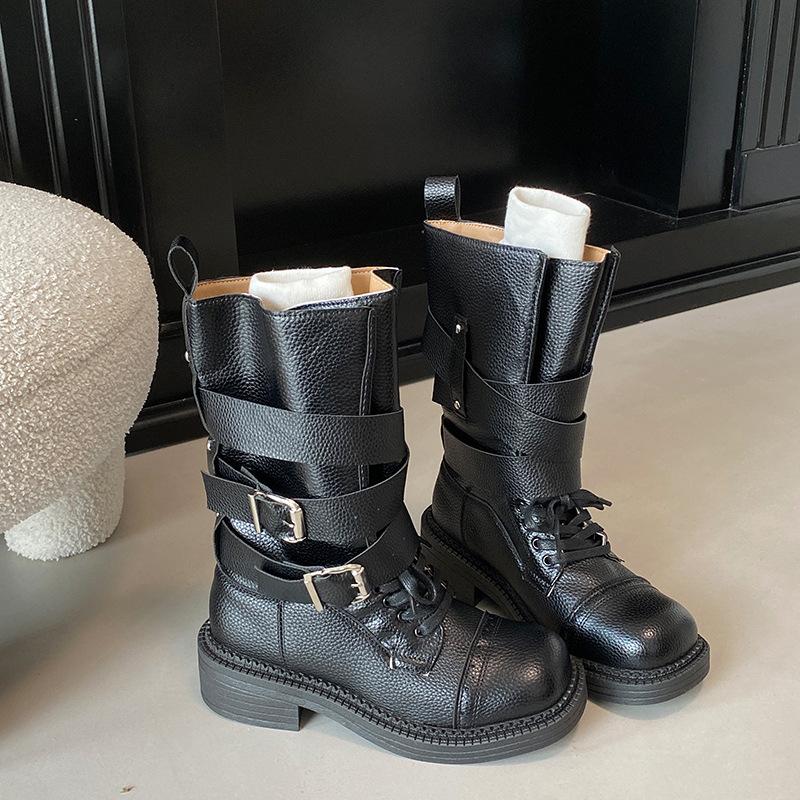 British style retro medium tube knight boots women's 2025 autumn and winter new soft leather thick heel belt buckle platform fashion boots