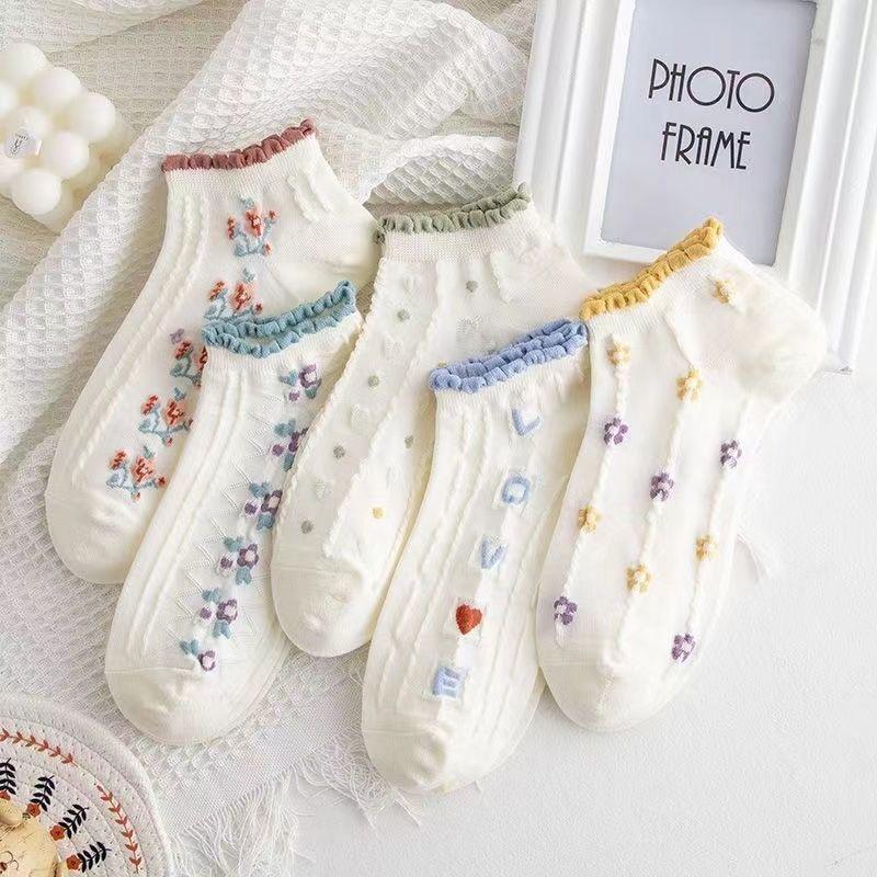 

5 пар женских хлопковых носков, женские полые носки до щиколотки, весна-лето, корейские девушки, милые белые короткие носки с цветочным принтом, дышащие, без показа