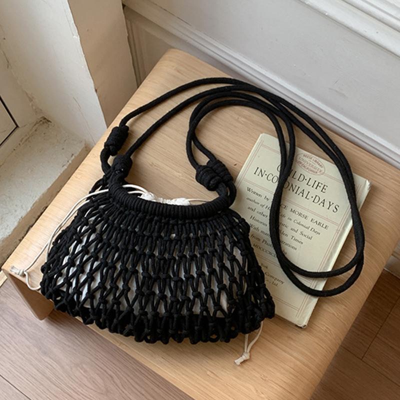 Yogodlns Summer Woven Net Shoulder Bag for Women Beach Hollow Out Crossbody Bag Retro Bohemian Vacation Daily Use Purse