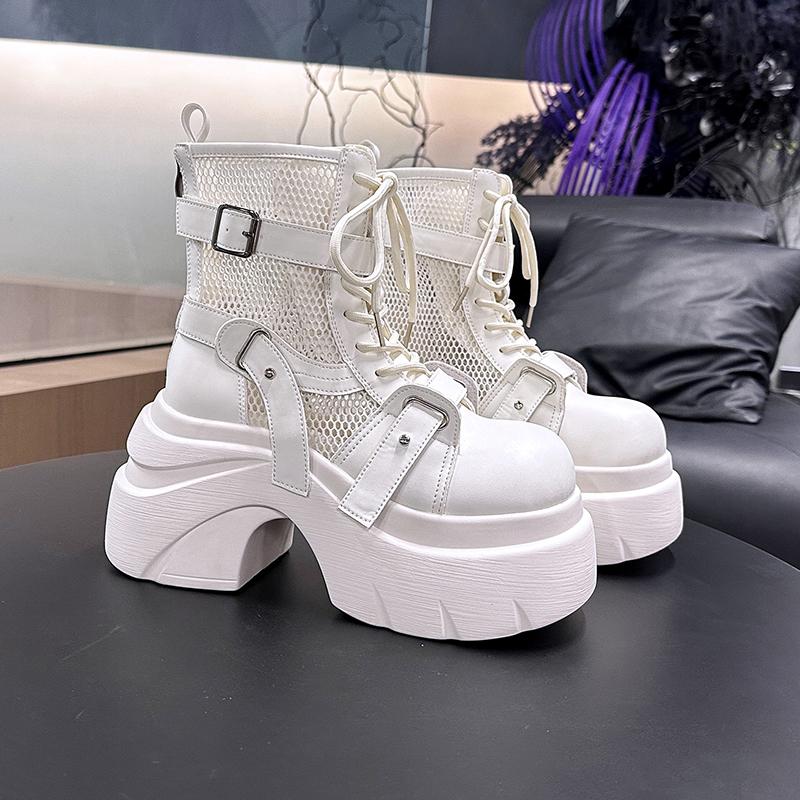 Fashion Designer Women's Short Boots New Early Autumn Mesh Leather Chunky Boots Gladiator High Platfom Buckle Goth Boots Mujer Zapatos