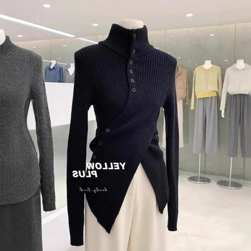 Grey Turtleneck Cashmere Knitted Bottoming Shirt Women's Irregular Waist Sweater In Autumn and Winter with Split Top
